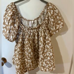 Tan Floral Puff Sleeve Blouse
